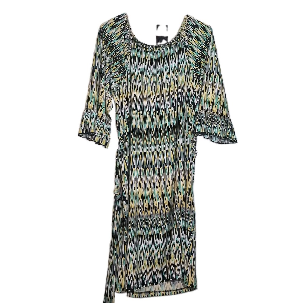 Dressbarn Belted Shirt Dress Womens 1X Black Gold Teal Abstract Print Rayon NWT
